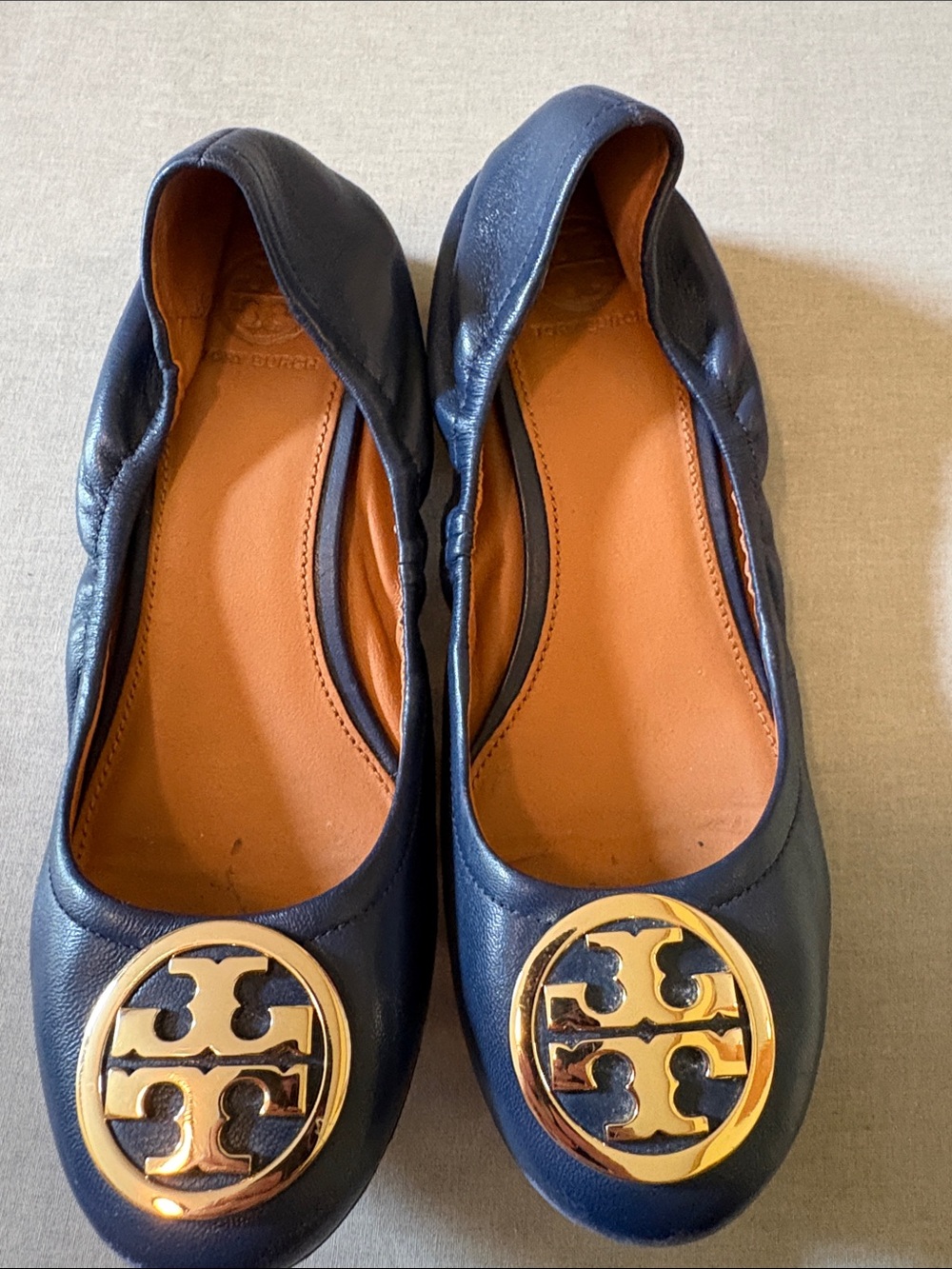 Tory Burch Navy Leather Ballet Flats with Gold Logo Medallions